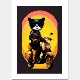 Cute Cat with boots sitting on a vespa moped with sunglasses vector Posters and Art